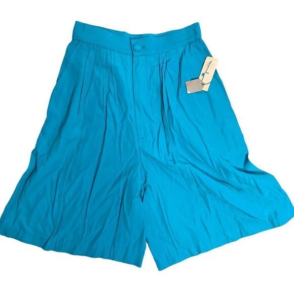 Vintage 80s High Waisted Pleated Shorts S Teal Pockets Button Zip Wide Leg NEW - Picture 1 of 5